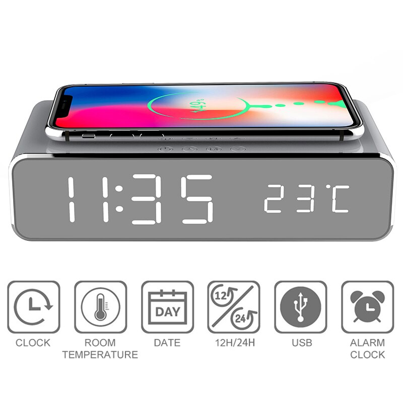 LED Electric Alarm Clock With Phone Charger Wireless Desktop Digital Thermometer Clock HD Clock Mirror With Time Memory