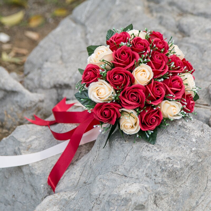 Bruidsboeket, huwelijksbloemen, roze/rood/bordeauxrood bruidsboeket, bruidsmeisjesboeket, kunstroos, bruidsboeket