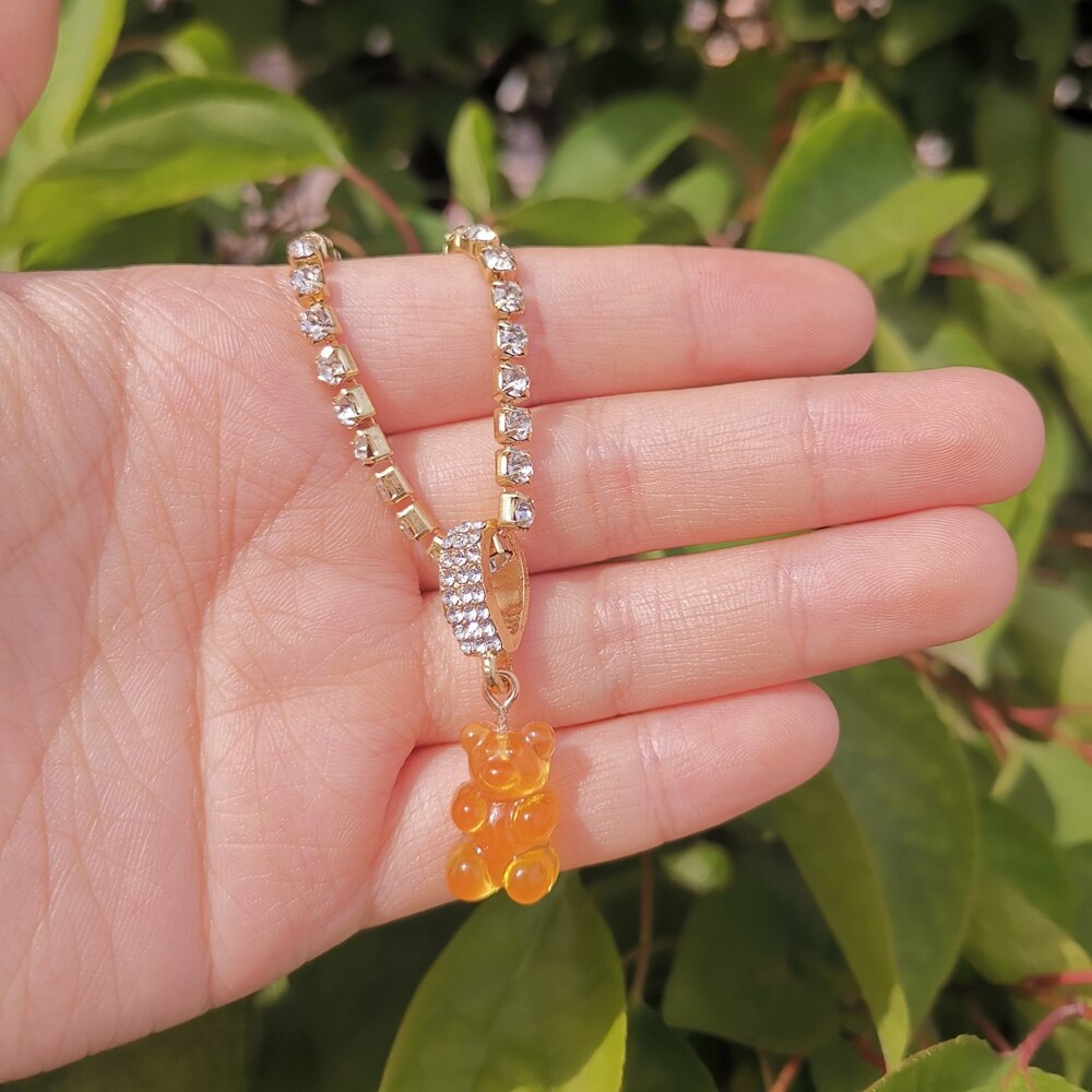 Verloren Dame Leuke Candy Kleur Beer Hanger Kettingen Strass Ketting Voor Meisjes Vrouwen Sieraden: Orange