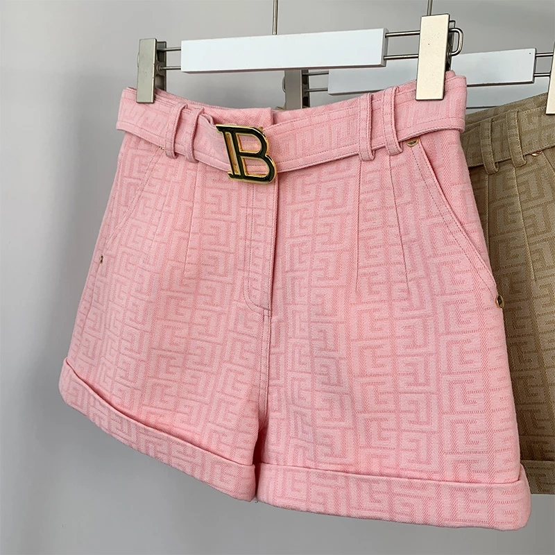 5 Colors for Option Pink Texture Washed Denim Shorts for Women with Belt Casual Style Jeans Trousers: M / Pink