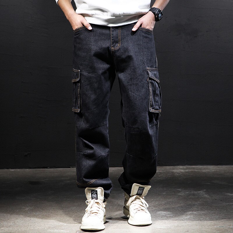 Idopy Men`s Cargo Jeans Hip Hop Street Style Loose Fit Multi Pockets Plus Size Denim Pants Trousers For Hipster 29-42