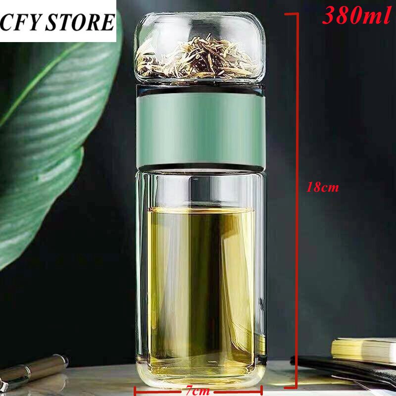 380ml Glass Double Wall Water Bottle High Borosilicate Glass Tea Water Separation Cup Milk Coffee Drinking Glasses Drinkware: Green 380ml