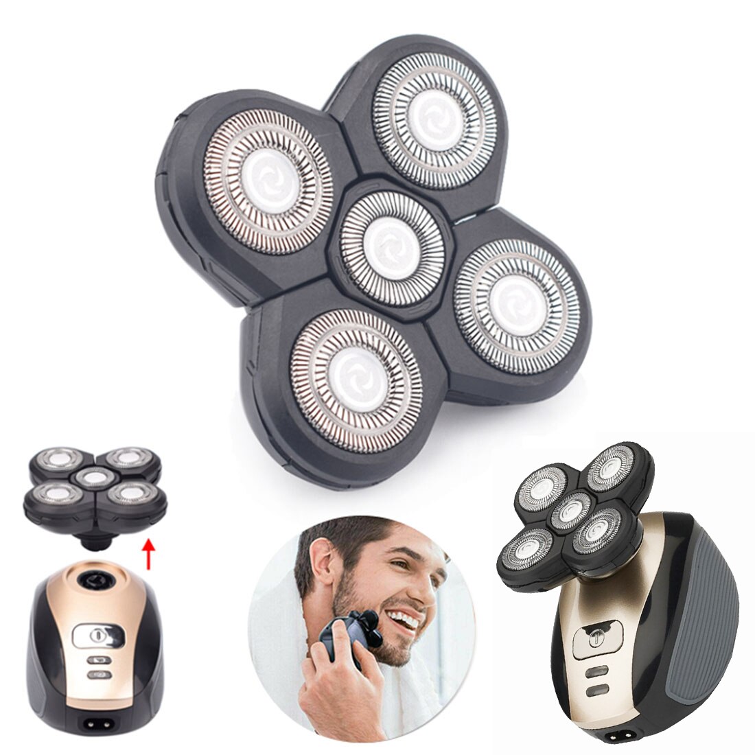 5 in1 4DMen's Rechargeable Bald Head Electric Shaver 5 Floating Heads Beard Nose Ear Hair Trimmer Razor Clipper Facial Brus