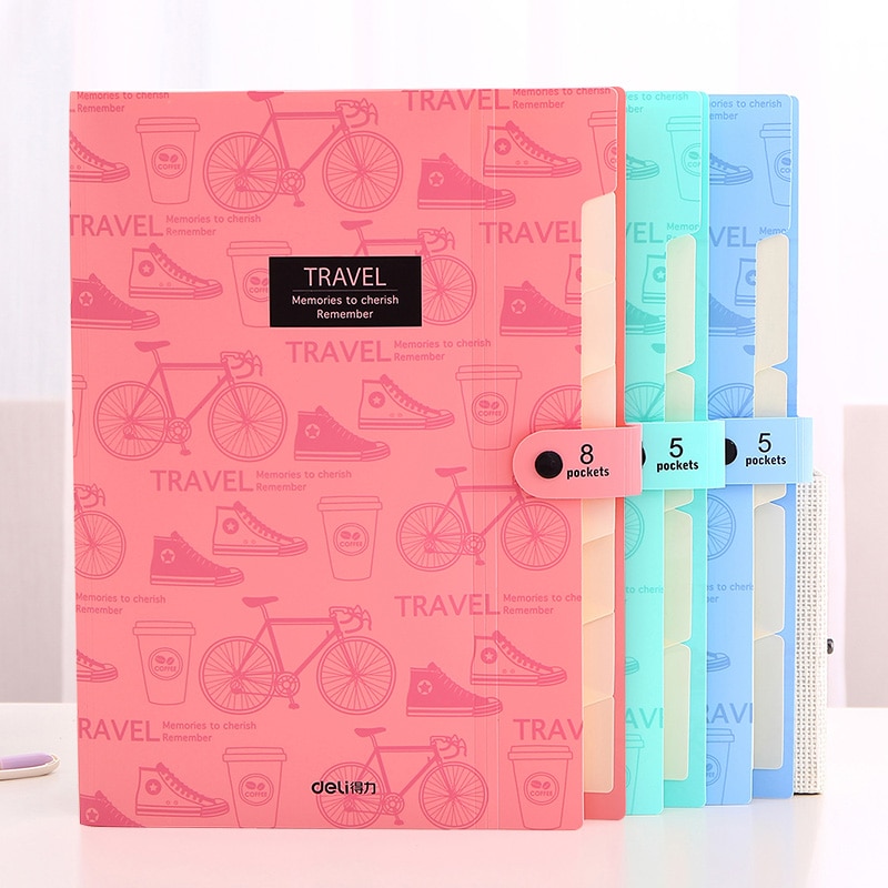 Deli 5737 carpeta de archivos de papelería bonita A4 8 bolsillo impermeable de expansión de la carpeta conveniente soporte de gestión de documentos Cartera de expansión