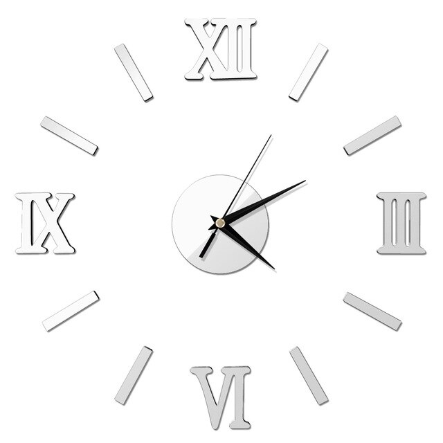 Modern DIY Number Wall Clock 3D Mirror Surface Sticker Home Decor Art Giant Wall Clock Watch With Roman Numerals Big Clock: Silver