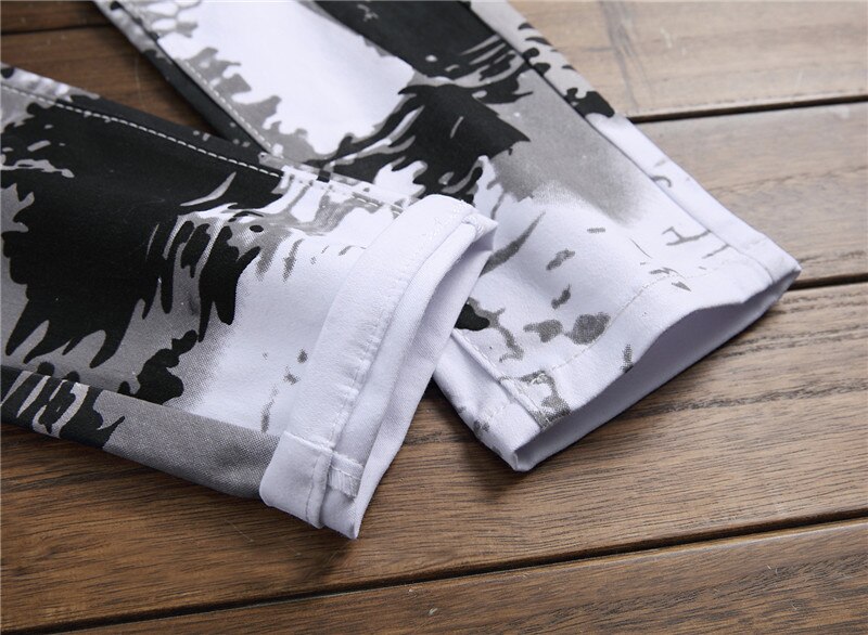 Pantalones vaqueros blancos de leche de ajuste delgado para hombre, Jeans estampados de , Jeans elegantes de urbana, Jeans clásicos informales;
