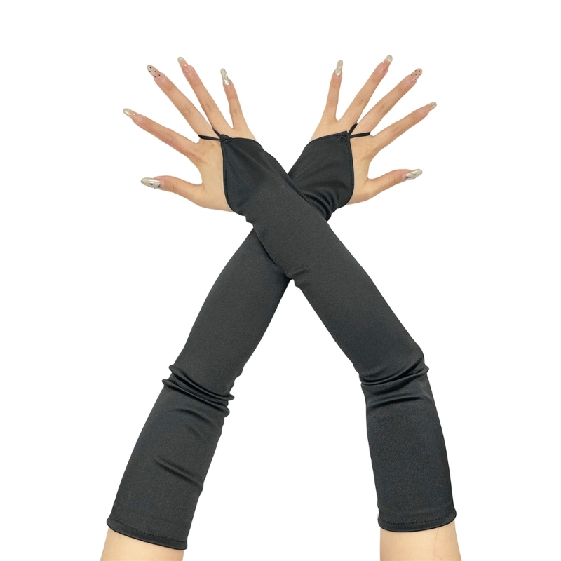 Long Gloves for Women Dancing Elastic Fingerless Gloves Satins: black