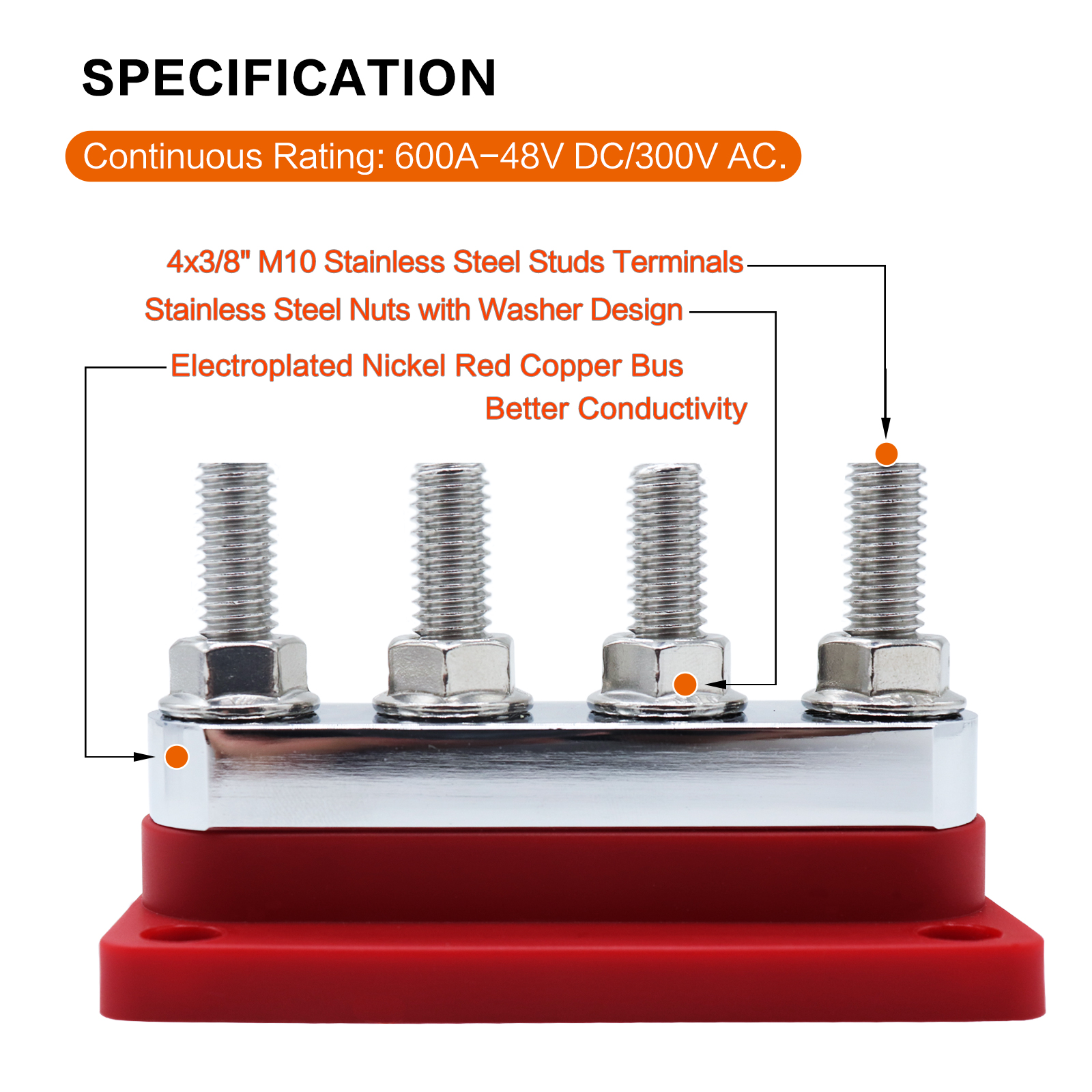 600A BusBar Heavy Duty Copper Power Distribution Block 4XM10(3/8") Terminals Studs with Cover Battery Bus Bar for Car RV Truck