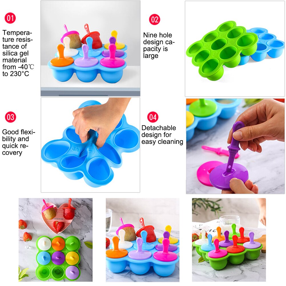 Silicone Ice Pop Mold Non-Stick Ice Pop Maker 9-Cavity Popsicle Mold Baby Food Freezer Tray