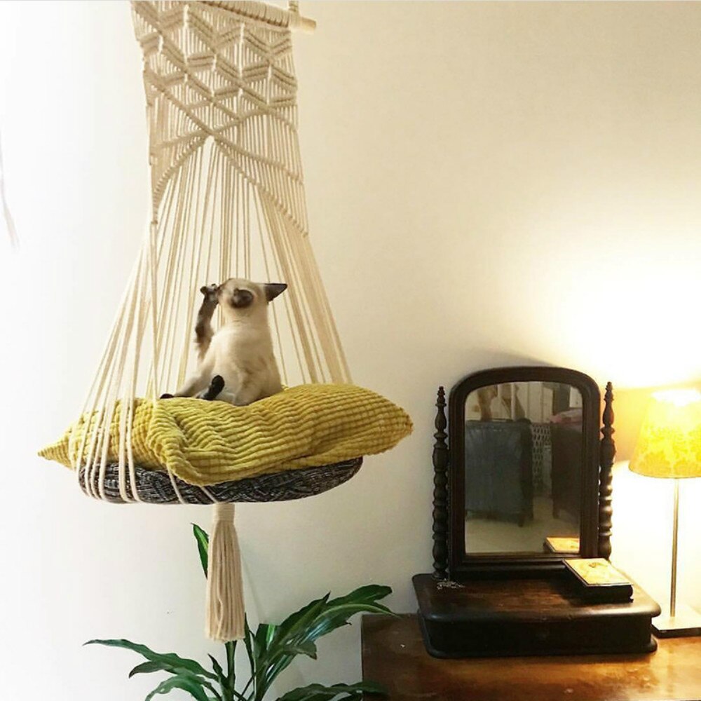 Macrame kat gyngeseng kæledyr hængende senge kvast katte legetøj håndvævet bomulds reb hængende kurv gobelin hjemindretning kæledyr hammack