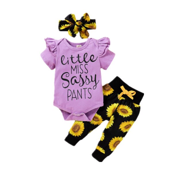 Baby zomer 3 -delige set babymeisjes jongens letter bloemen ruches korte mouwen romper top + broek + hoofdband