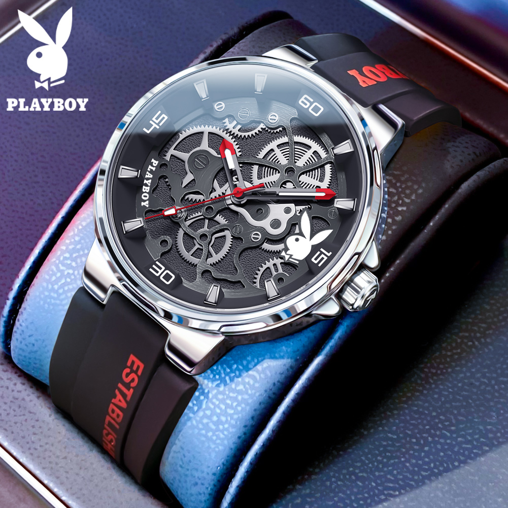 PLAYBOY, relojes clásicos originales de para hombre, relojes luminosos de lujo con correa de silicona resistente al agua para hombre: Rosa