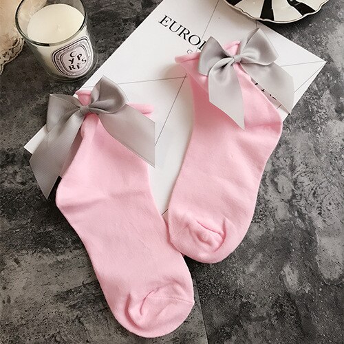 Winter Autumn Spring Sweet Curl Cotton After The Heel Ribbon Big Bow Short Socks Wild Chaussette Female Herring Ankle Socks: Bow Socks pink gray