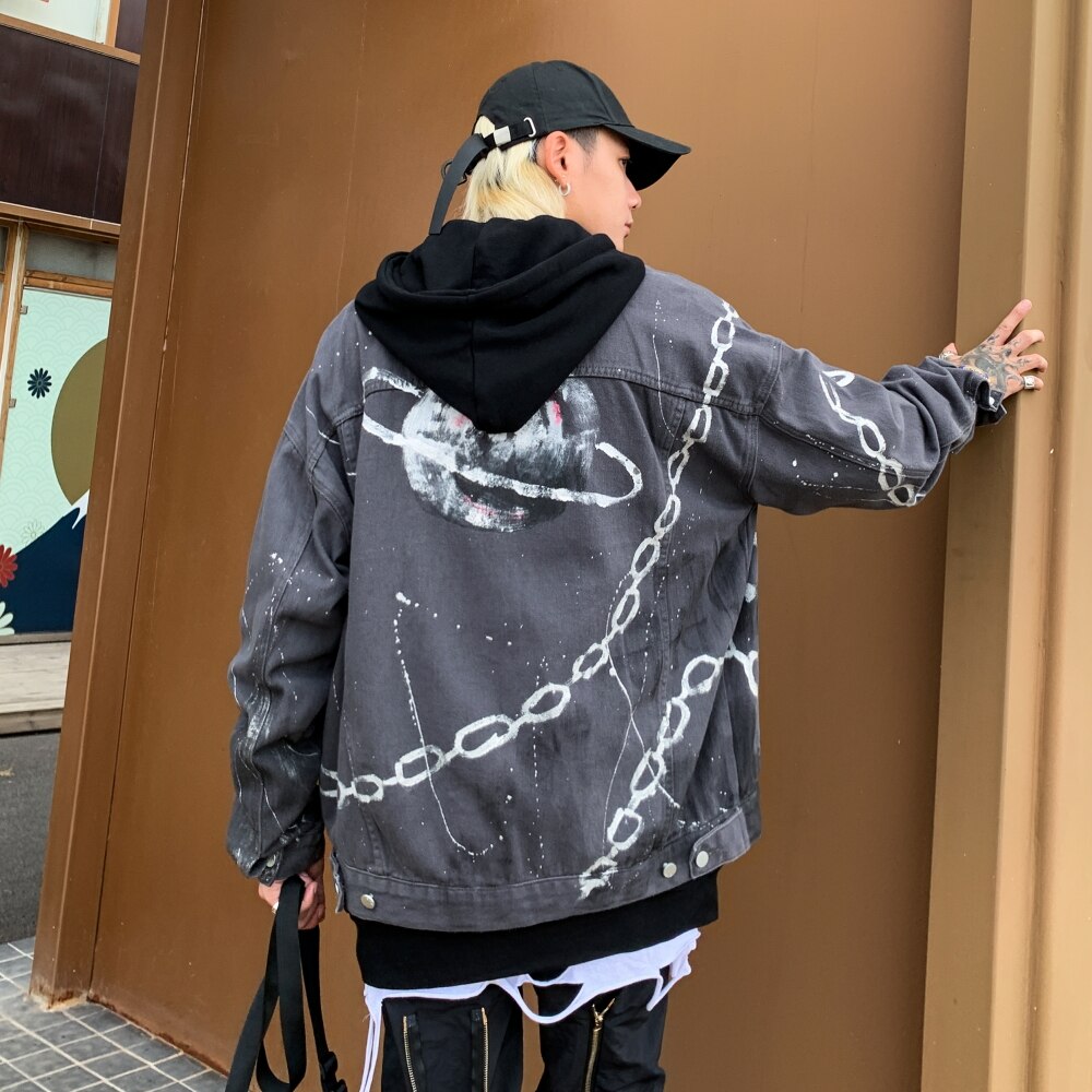 Graffiti print grå denim jakker streetwear hiphop casual punk rock jeans jakker frakker outwear hipster toppe  wq174