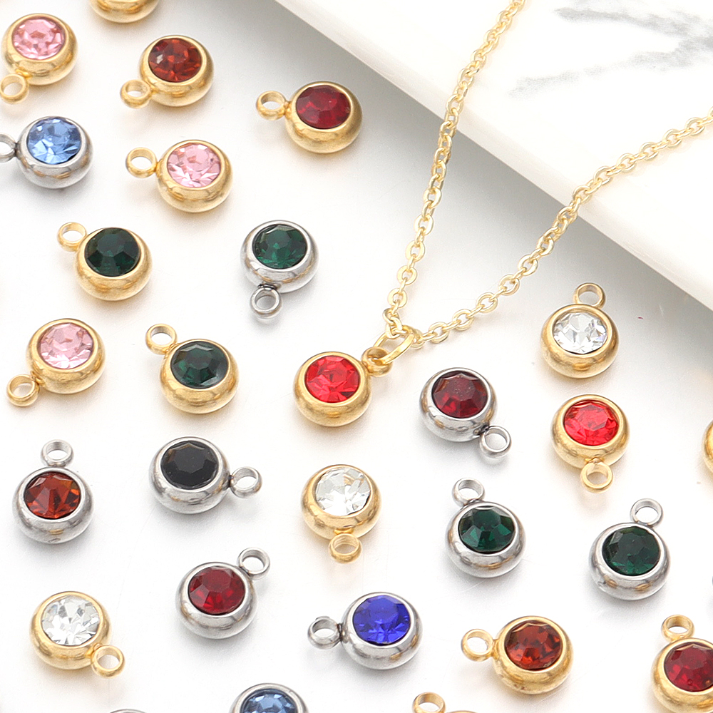 10pcs/lot Stainless Steel Birthstone Pendant 6mm Flat Round Rhinestone Charms Pendant For DIY Jewelry Making Necklace Bracelet