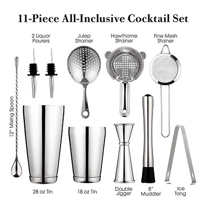 11pcs Cocktails Shakere Bar Set Cocktail Boston Shaker Barware Kit Weighted Shaker Tins Strainer Muddler Ice Tond Jigger Muddler: Silver