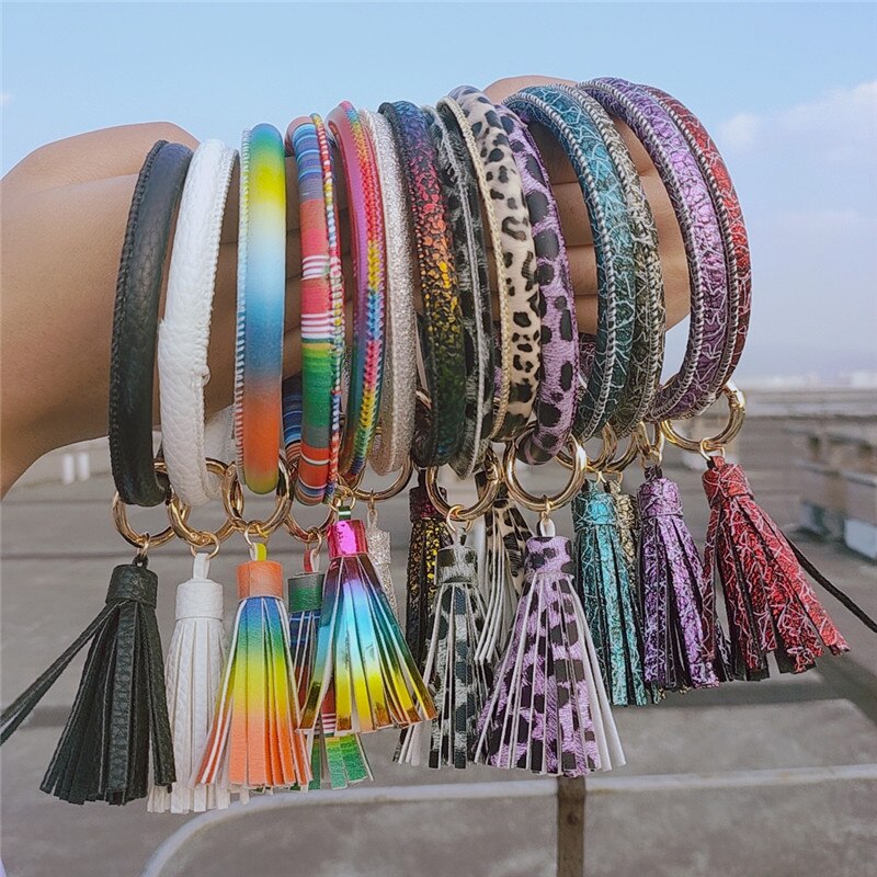 SEDmart PU Leather Keychain Bracelet for Women Big Circle Spot Tassel Wristlet KeyRing Wrist Strap Jewelry Women Accessories