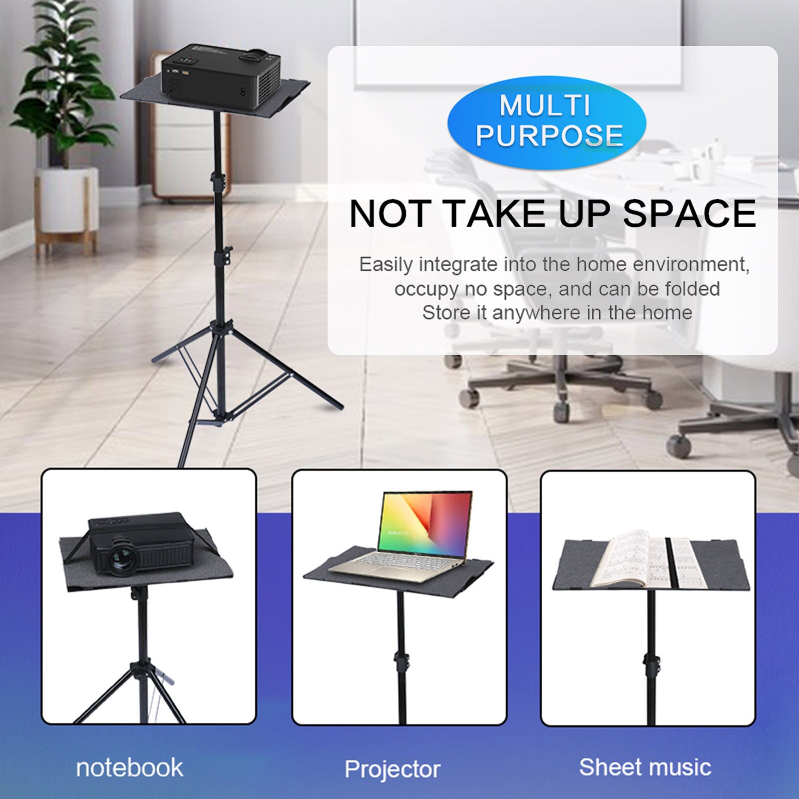 T160 Projector Tripod Stand Foldable with Tripod Tray Multifunctional DJ Racks Projector Stand with Adjustable Height