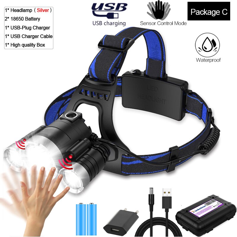 Super Leistungsstarke Sensor Scheinwerfer Wiederaufladbare Körper Motion Sensor Scheinwerfer Wasserdichte LED Kopf Licht USB Kopf Vorder Taschenlampe 18650: Package C
