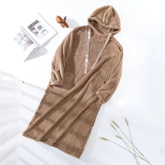 Women Nightgowns Coral Fleece Solid with Hat Drawstring Thicken Warm Home Soft Females Leisure Sleepwear Chic Trendy Sleepshirts: brown / XL