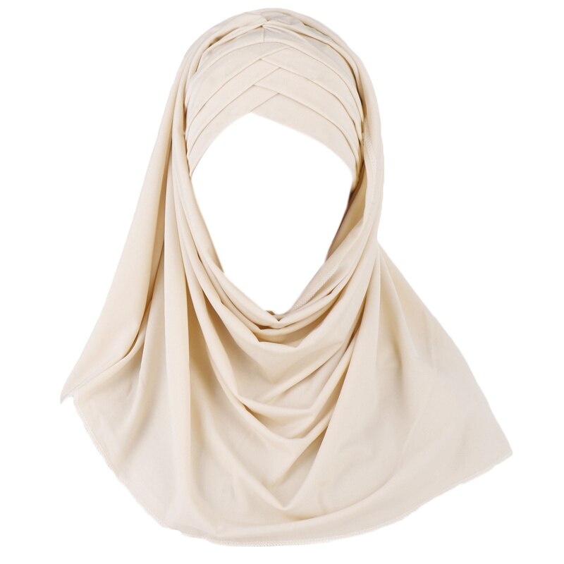 Vrouwen Melk Filer Effen Kleur 2 In 1 Tulband Hoed Instant Sjaal Maleisië Moslim Arabische Cross Plisse Hijab Cap Hoofd wrap Cover Islami: Beige
