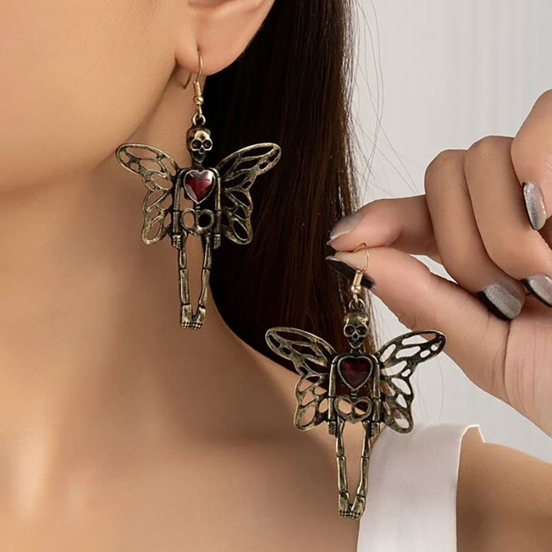 Pendientes colgantes de esqueleto de Halloween a la para mujer, pendientes góticos de gato negro con calavera gótica Punk Vintage, de joyería divertidos para: Bronze