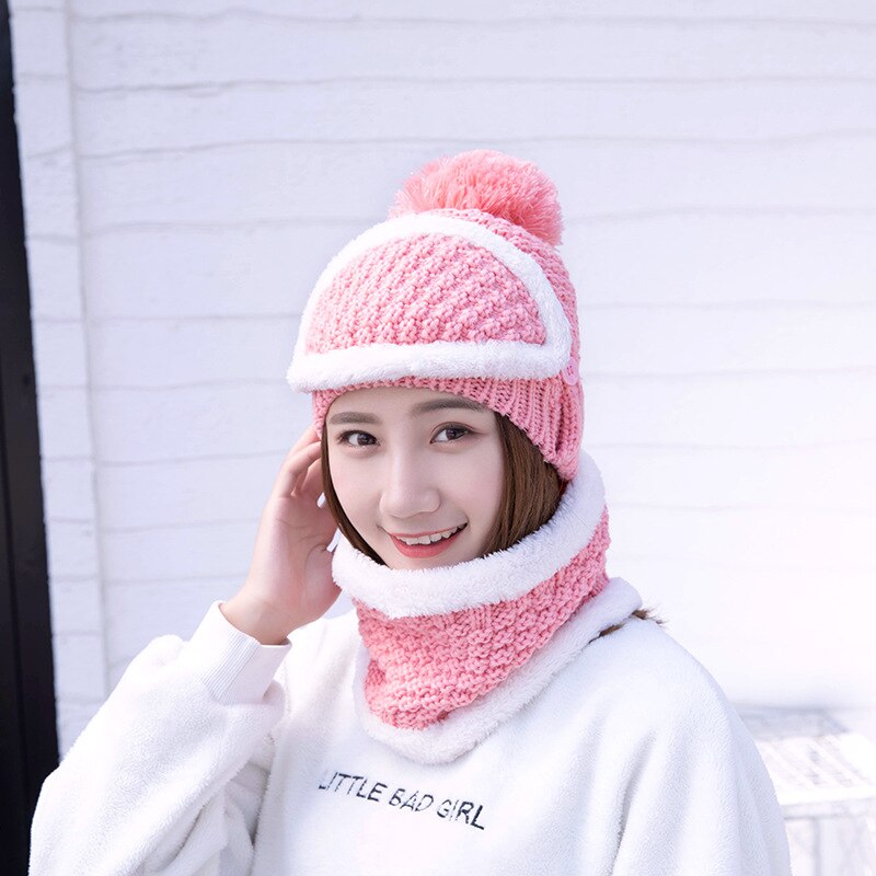 Håndstrikkede hatte kvinders hat vinterkold hatdragt koreansk varme hatte kombination: Lyserød