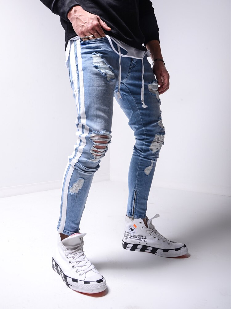 Män stretchiga trasiga hål skinny jeans sidrand dragkedja penna byxor jeans fritidsbyxor hip hop sweat byxor