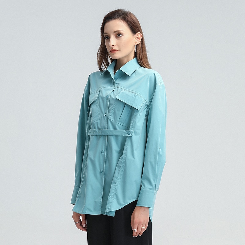 TWOTWINSTYLE Casual Loose Shirt For Women Lapel Long Sleeve Lace Up Patchwork Shirts Female Clothing Autumn