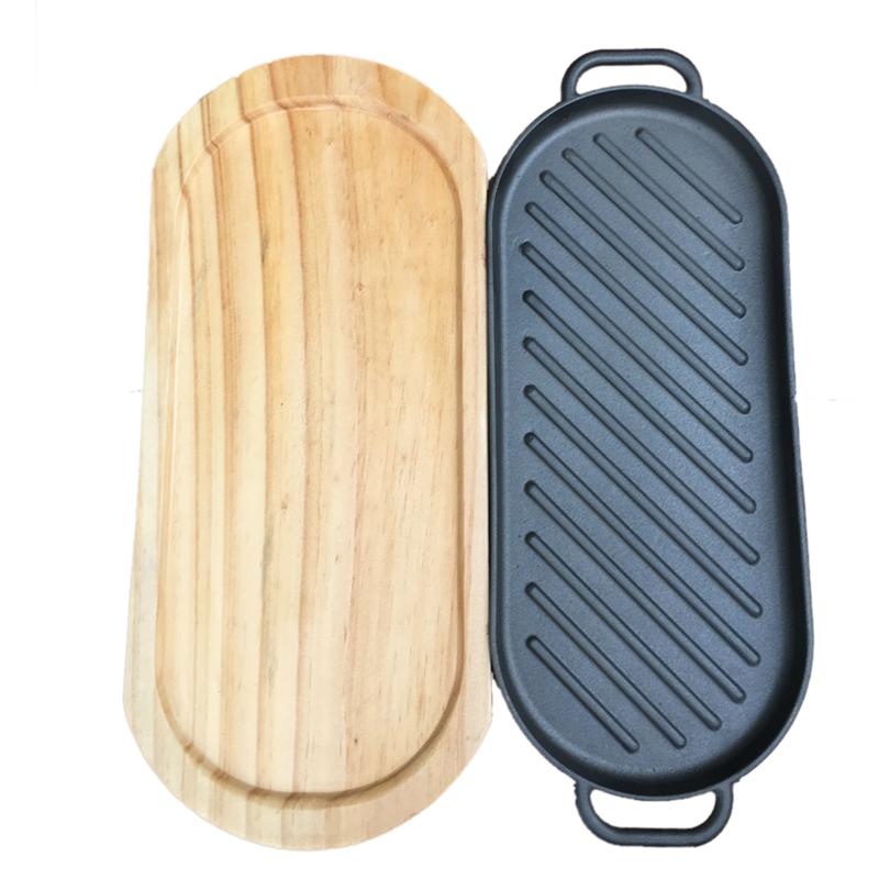 Iron Steak Plate Steak Frying Pan Non-Stick Cooking Grill Pan With Wooden Tray