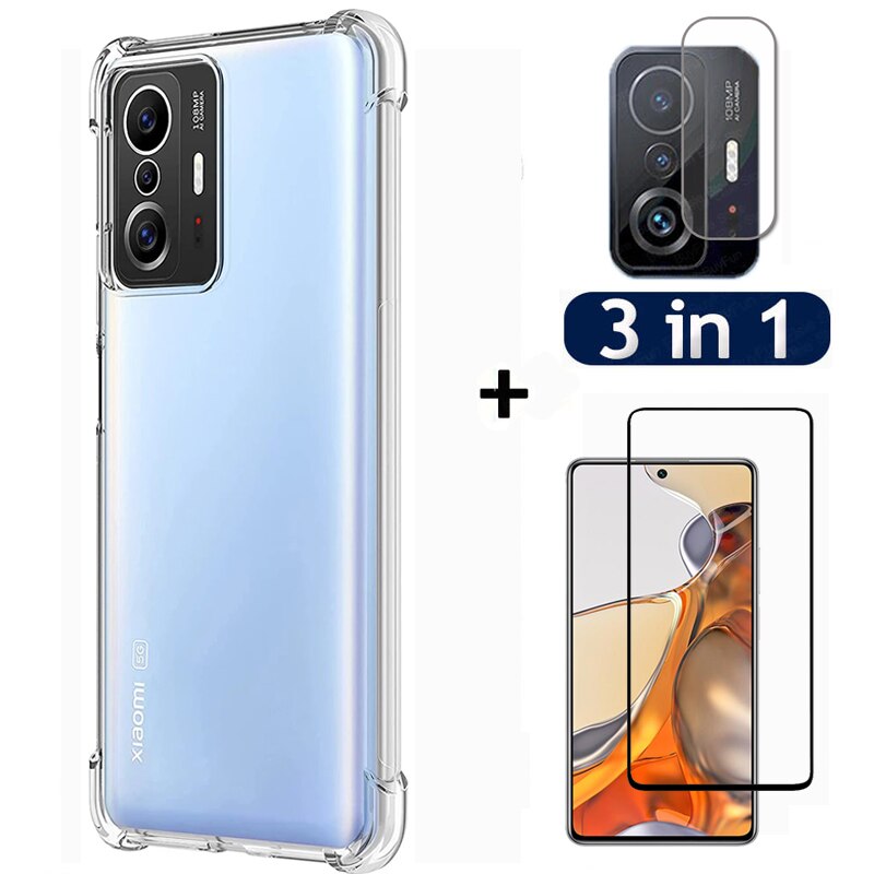 3 em 1 vidro temperado para xiaomi 11 t pro tpu macio capa protetora caso para xiaomi mi 11tpro 11 t pro protetor de tela lente filme: For Xiaomi 11T Pro / 3 in 1