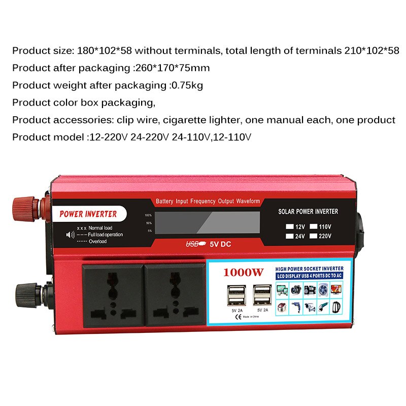 Portable USB 12-220V LCD 4 Ports 5V DC High Power Socket Inverter Power Inverter Wave Converter Power Inverter DC Power Inverter