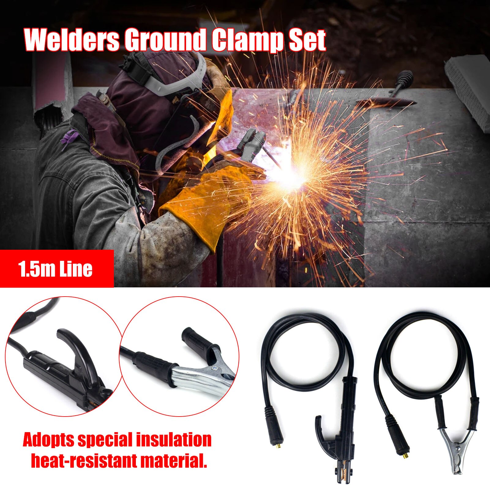Arc Welding Ground Clamp Set 1.5m Length 300A Welders Earth Clip Kit for ARC ZX7 MMA Welding Machine