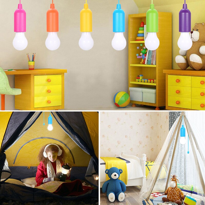 Draagbare buitenlamp met trekkoord, ledlamp, kampeerlantaarn, op batterijen, kleurrijke ledlamp, hanglamp, witte verlichting
