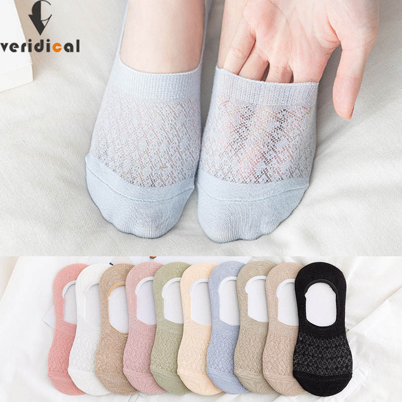 5 Pairs/Lot Invisible Candy Cotton Breathable Socks Non-Slip Mesh Women Summer Girls Casual Short Ankle Boat Low Cut Lady Sox