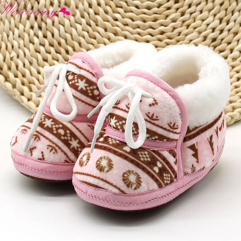 Warm Prewalker Boots Toddler Girl Boy Crochet Print Fleece Boot Lace Up Wool Snow Crib Shoes Winter Booties