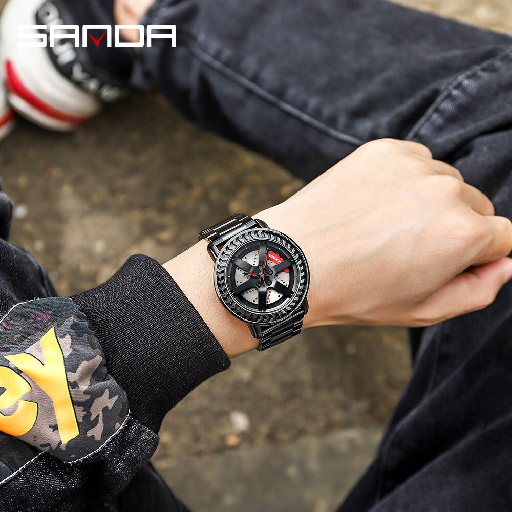 Sanda herenhorloge waterdicht autowiel wijzerplaat horloges roestvrij kwarts polshorloge relogio masculino