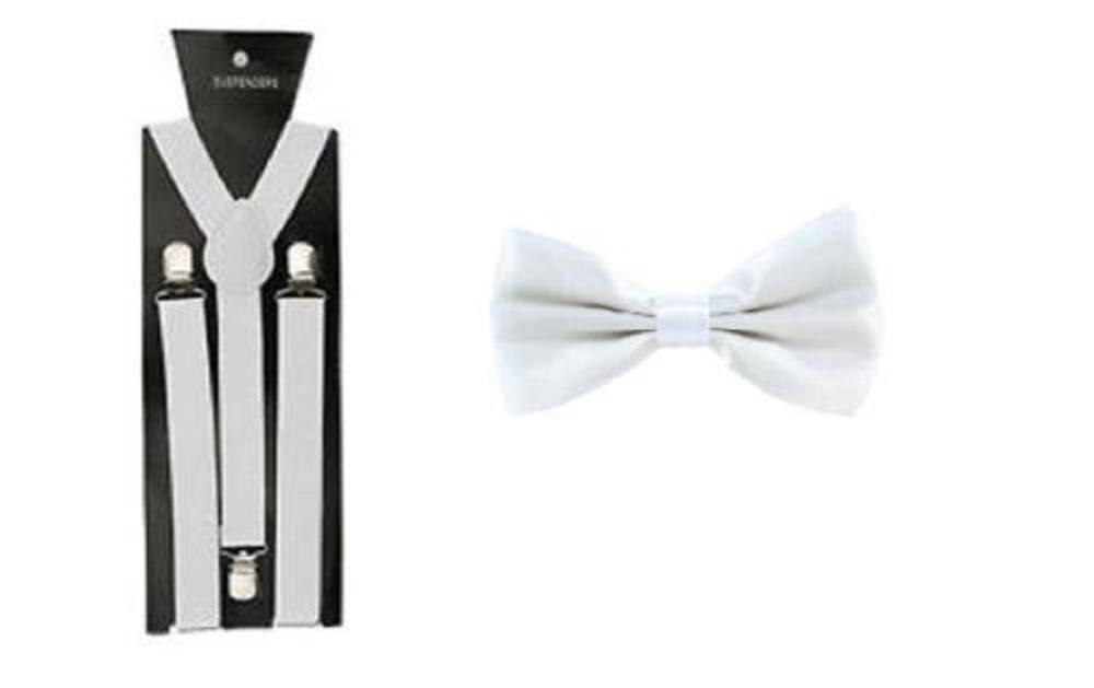 Men's Adult Matching Suspenders Braces & Pre-Tied Bow Tie Combo Sets Fancy Costume: White