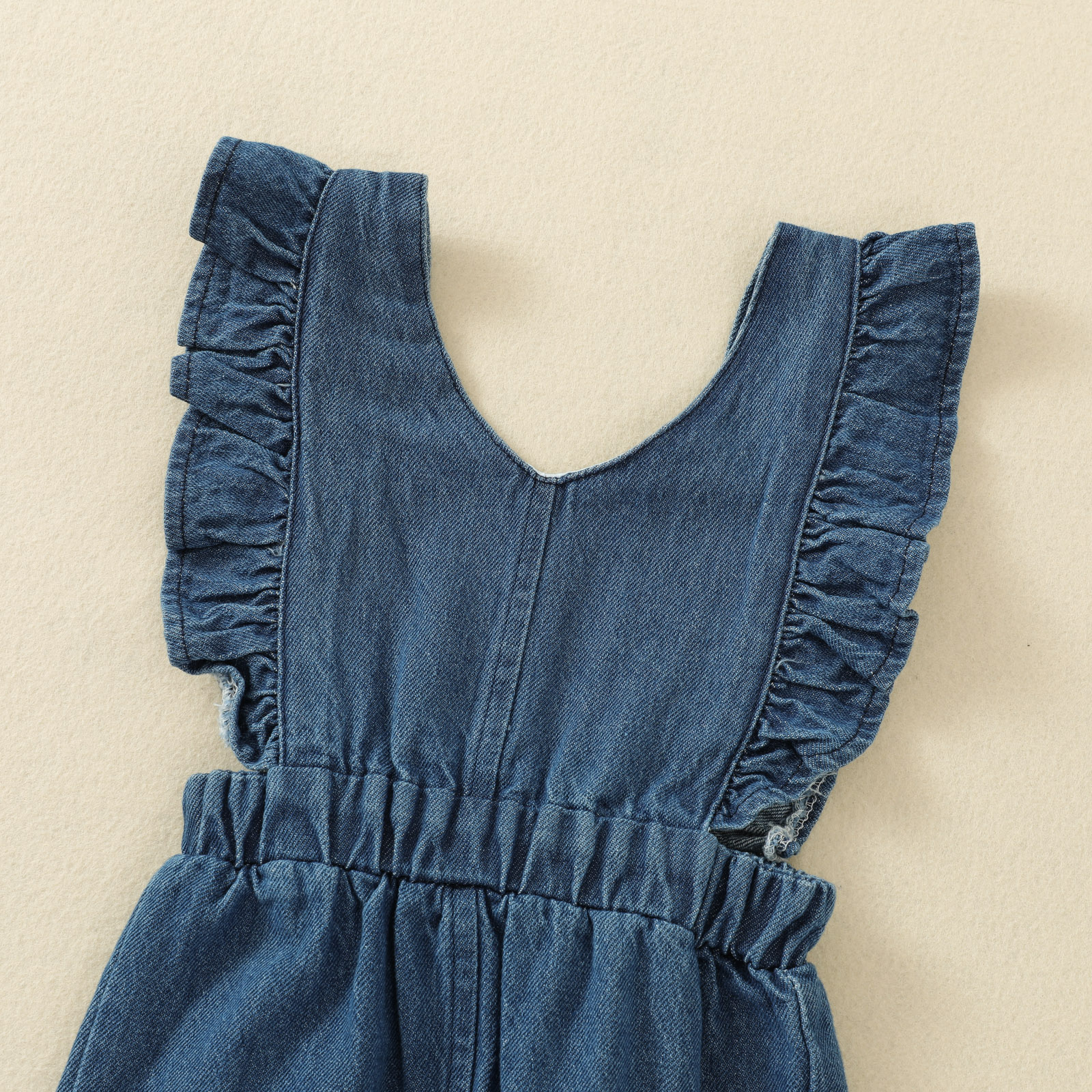 Pantalones siameses de verano para niños, Mono vaquero de Color sólido con volantes, cuello en V, sin mangas, Espalda descubierta, monos para niñas