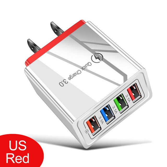 4 puertos USB 3,0 de USB cargador QC 3,0 cargador rápido US/EU/Reino Unido enchufe de cargador rápido para teléfono móvil cargador de pared para el hogar de fastCharger + info: US Plug Red