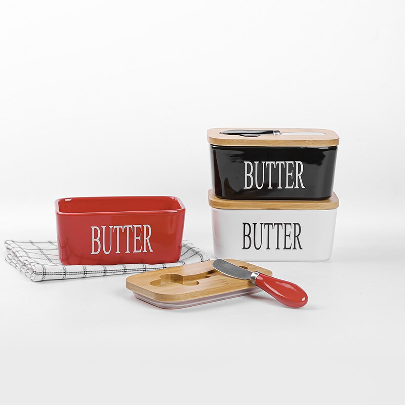 Ceramic Wooden Butter Box Cheese Tray Rectangular White Dish with Lid Oil Container for Butter Keeps Butter Storage Case Jar