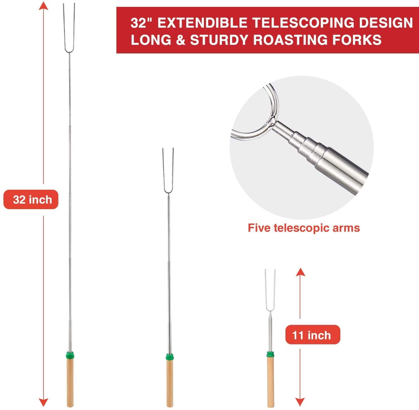 8Pc Roosteren Sticks Marshmallow Roosteren Sticks Met Houten Handvat 32 Inch Uitschuifbare Bbq Vorken Telescopische Sticks Voor Vuurkorf