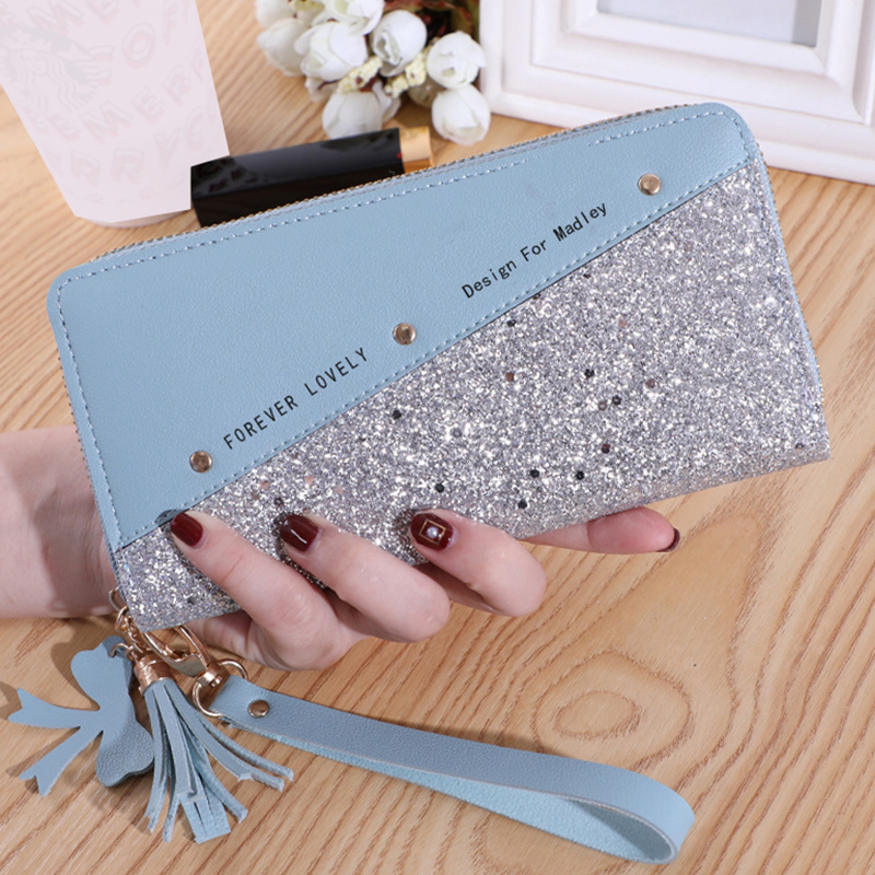 Glitter Shining Wallet Long Women's Zipper Wallet - Korean Splicing, Color Contrast, Tassel, and Rivet Details