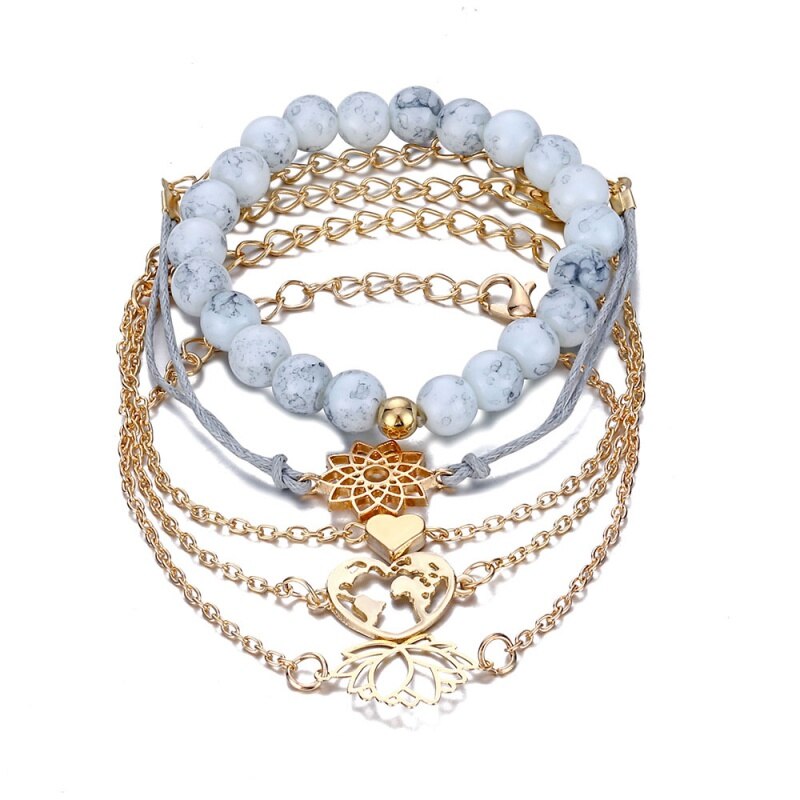 Persoonlijkheid Lotus Liefde Wereldkaart Armbanden Voor Vrouwen Bloem Patroon Kralen Armband Femme 5 Stks/set Charme Gouden Sieraden