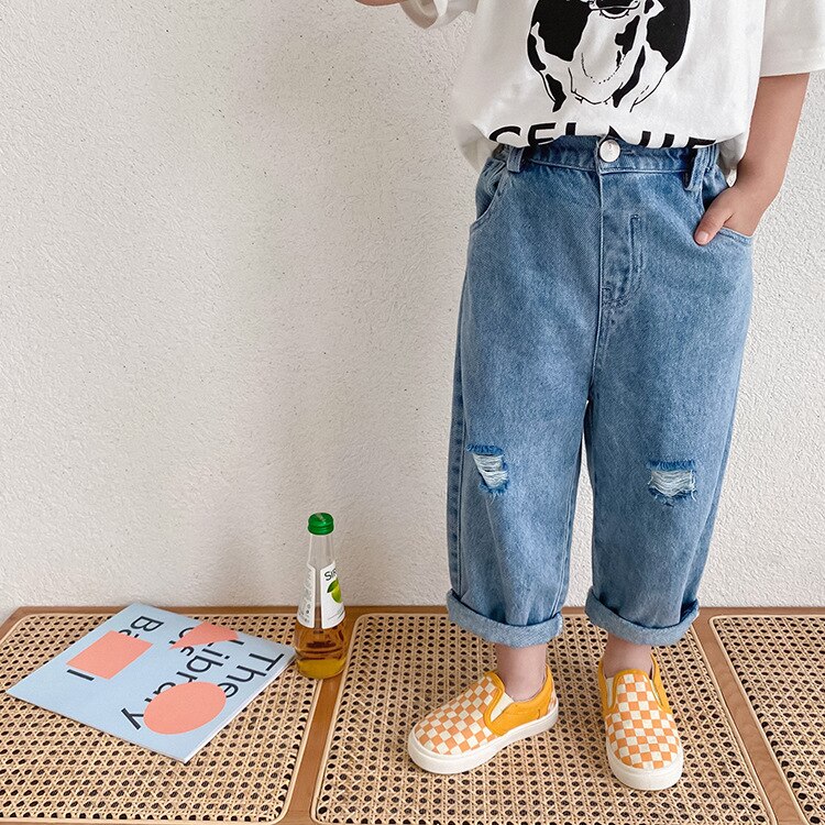 Zomer Jongens 1-8 Jaar Unisex Ripped Jeans Kids Kinderen Losse Alle-Wedstrijd Gebroken Denim Broek: 3T