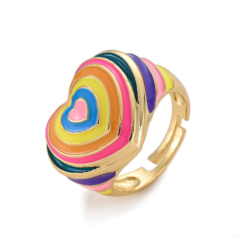 Rainbow Enamel Druipend Olie Ster Hart Ringen Voor Vrouwen Koper Goud Kleur Zirconia Punk Ringen Trendy Sieraden Verstelbare: 6
