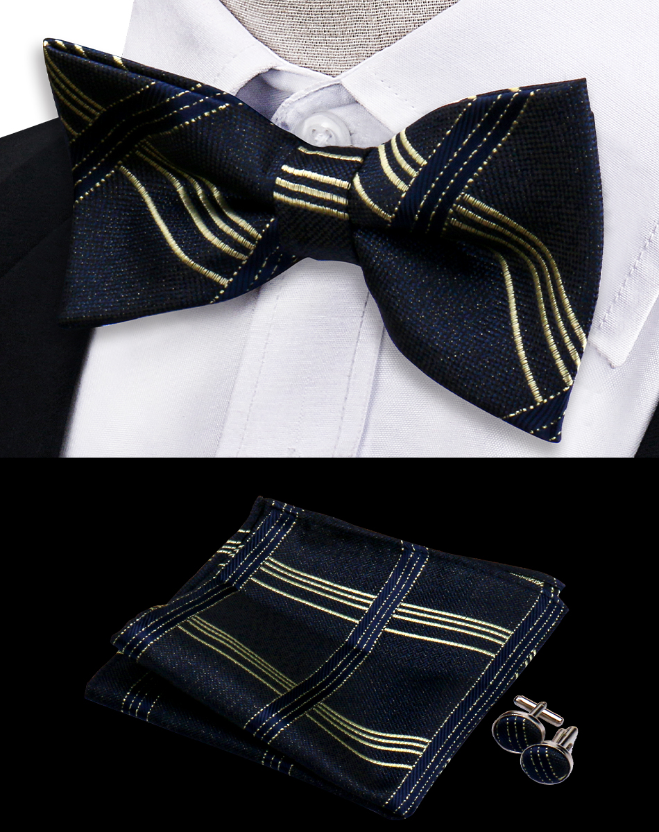 Conjunto de 3 piezas de pajarita, pañuelo, gemelos, conjunto para camisas de hombre, ajuste de negocios, boda, mariposa, Paisley, bolsillo, pajarita cuadrada para hombre: Amarillo limón