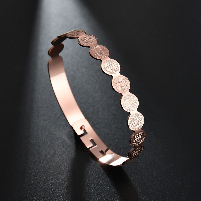 ELSEMODE St Benedict Armbänder & Armreifen Frauen amulett Titan Stahl Hohe Poliert Katholischen Kirche Kreuz Armreif Schmuck: Rose Gold