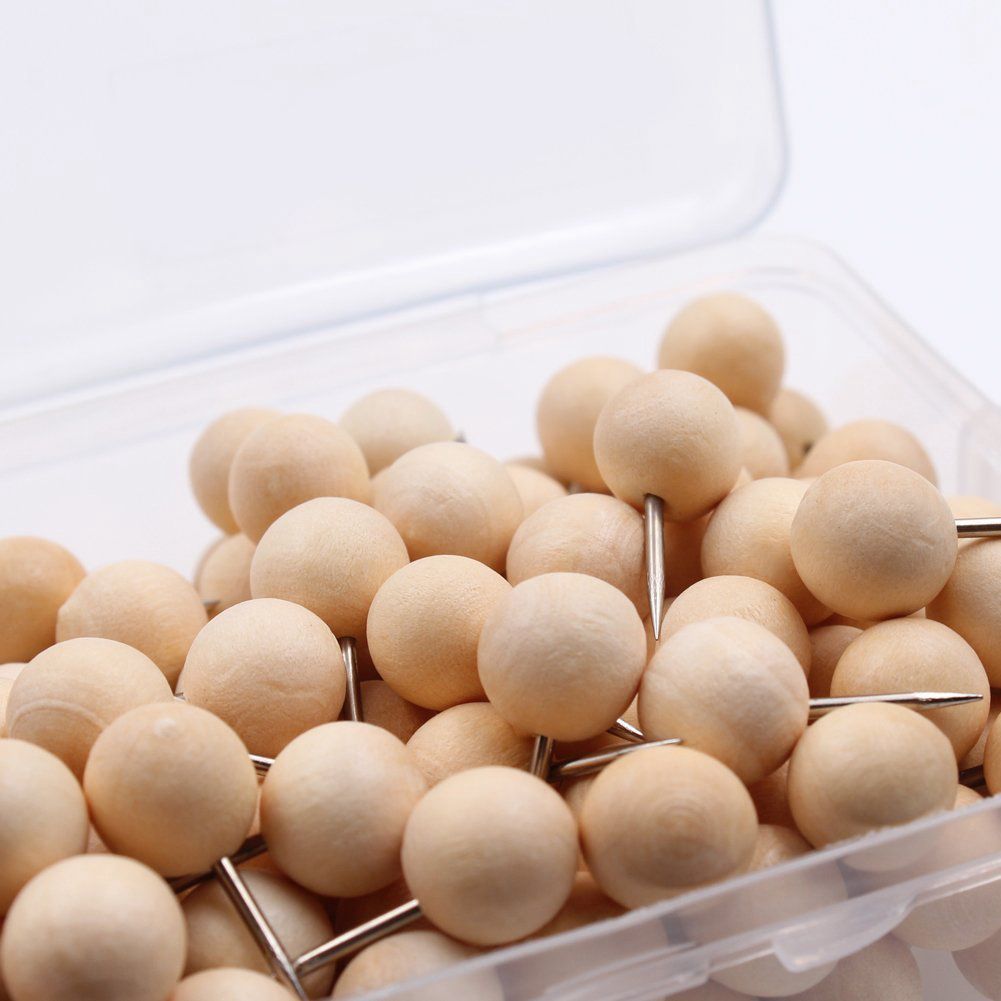 130pcs Round Wood Decorative Push Pins, Wood Head and Steel Needle Point Thumb Tacks for Photos, Maps and Cork Boards-SCLL
