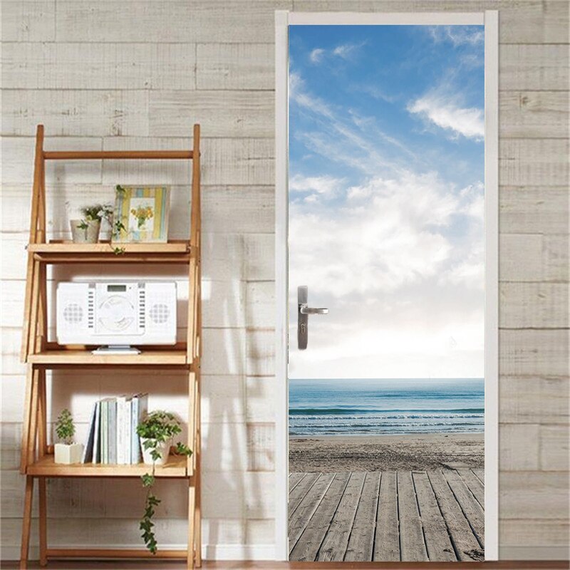 3D Door Murals Blue Sky And White Clouds Sea Wallpaper Living Room Kitchen Door Decoration PVC Self-Adhesive Waterproof Stickers